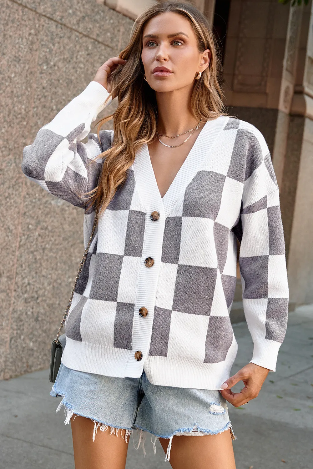 Women's Elegant Brown Contrast Checkered Print Button Up Sweater Cardigan