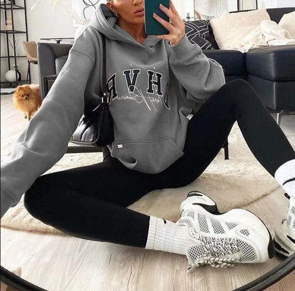 Women's Fashion Solid Color Print Hooded Sweatshirt