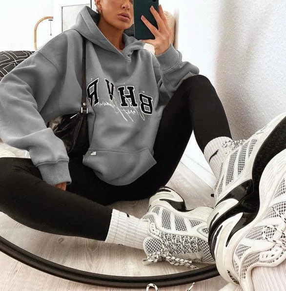 Women's Fashion Solid Color Print Hooded Sweatshirt