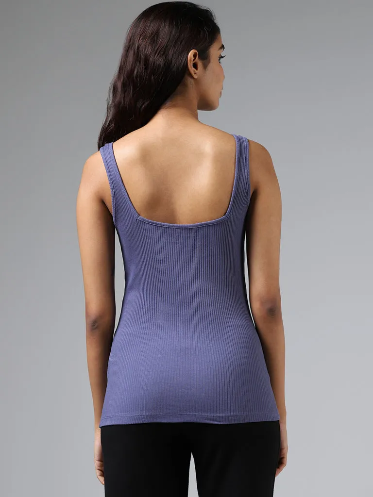 Wunderlove Blue Ribbed Square Neck Cotton Blend Camisole