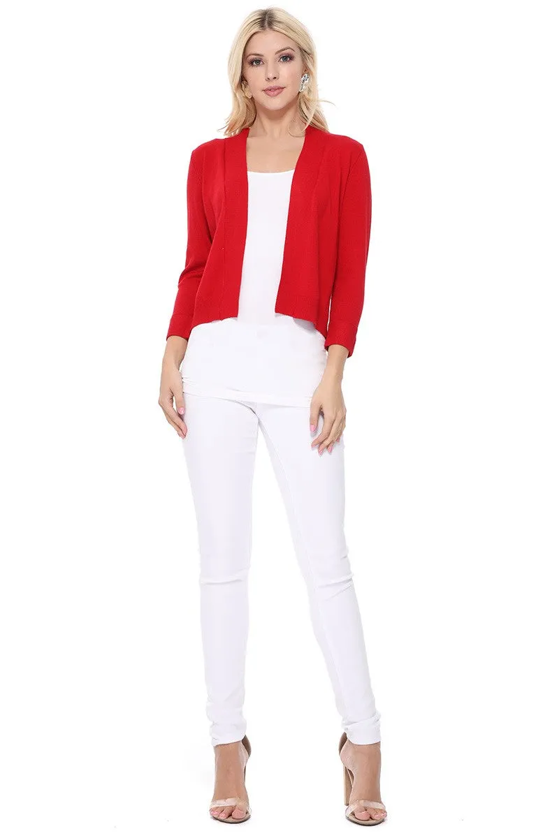 YEMAK Women's Classic 3/4 Sleeve Open Front Cropped Bolero Cardigan MK3558 (S-L)