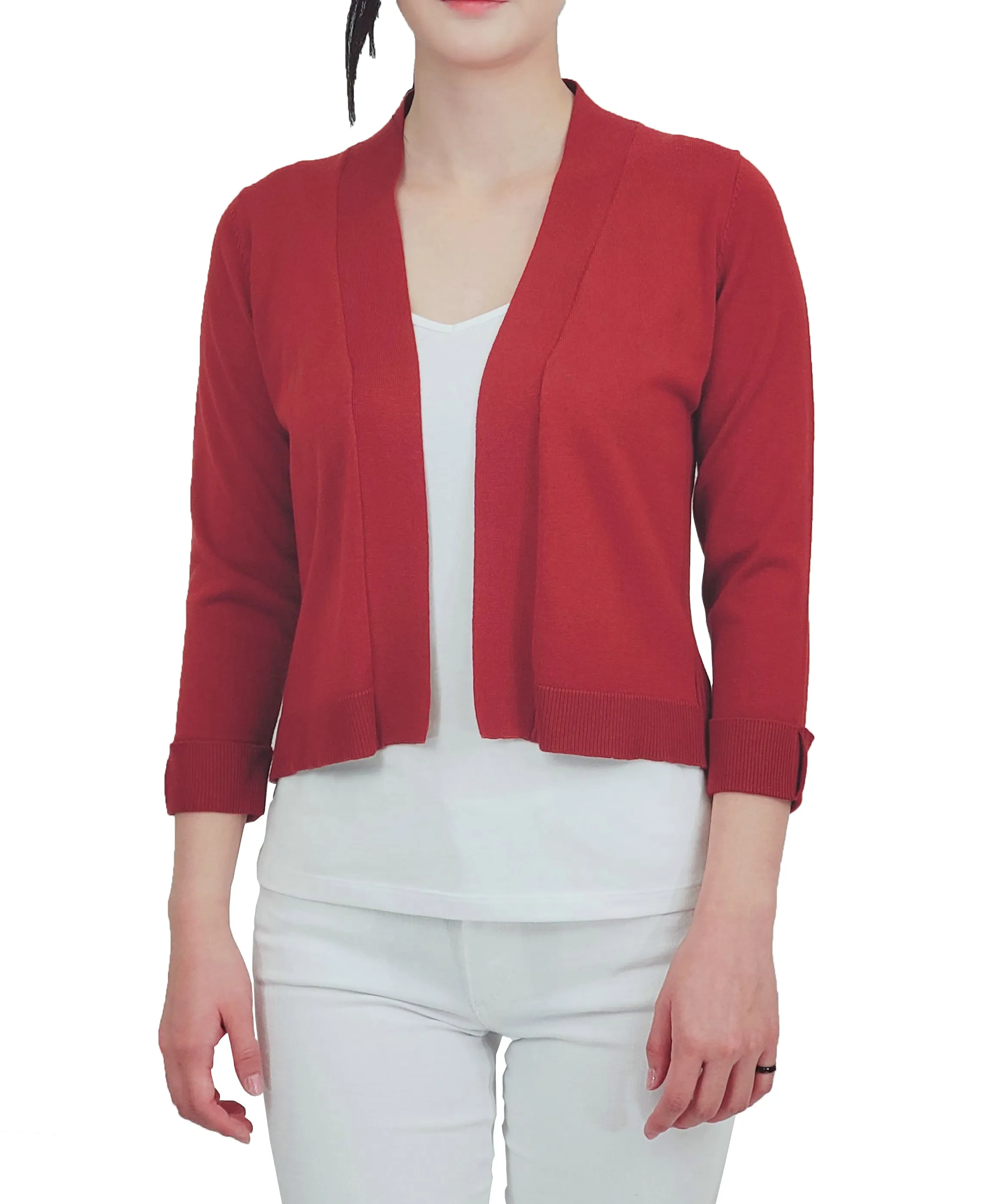 YEMAK Women's Classic 3/4 Sleeve Open Front Cropped Bolero Cardigan MK3558 (S-L)