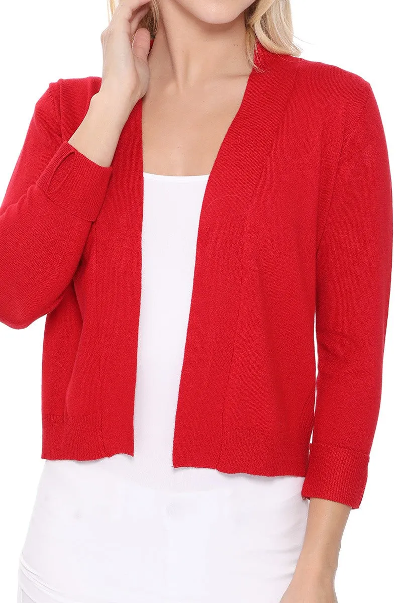 YEMAK Women's Classic 3/4 Sleeve Open Front Cropped Bolero Cardigan MK3558 (S-L)