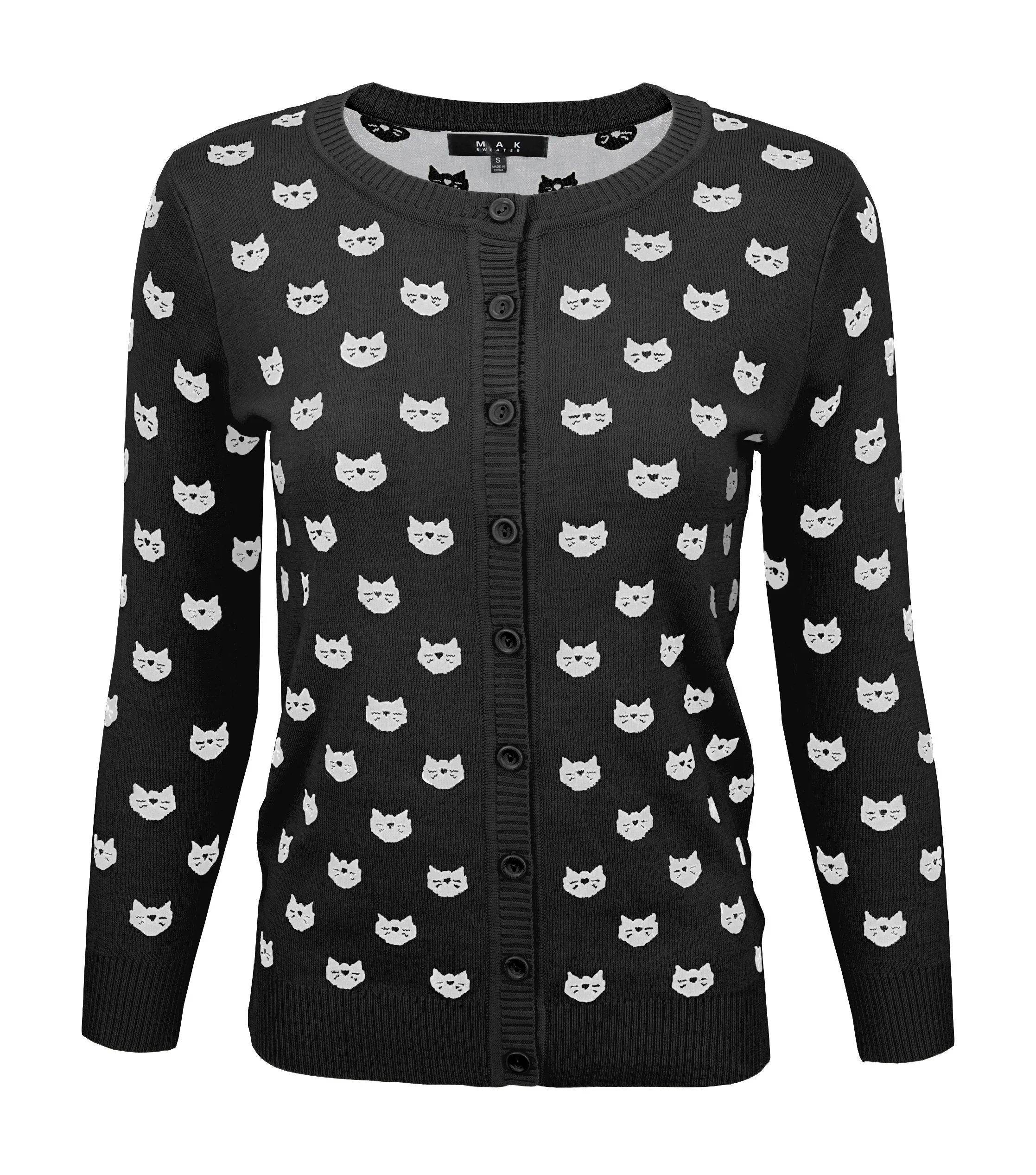 YEMAK Women's Cute Cat Pattern 3/4 Sleeve Button Down Stylish Cardigan Sweater MK3466