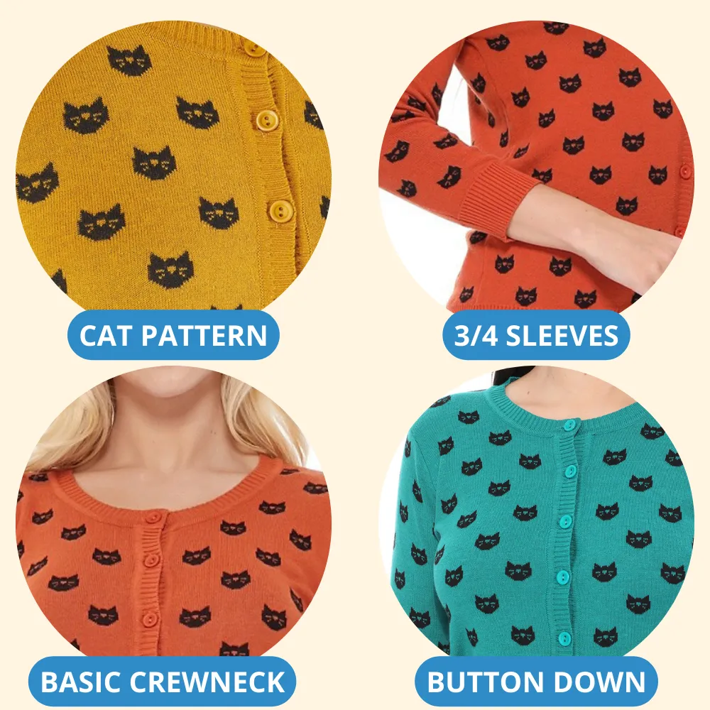 YEMAK Women's Cute Cat Pattern 3/4 Sleeve Button Down Stylish Cardigan Sweater MK3466