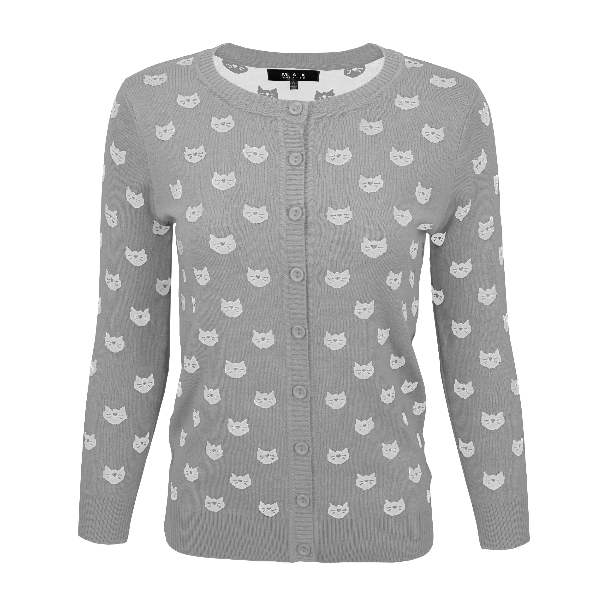 YEMAK Women's Cute Cat Pattern 3/4 Sleeve Button Down Stylish Cardigan Sweater MK3466